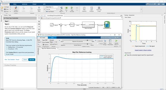 Control Design Onramp with Simulink describes the task, displays an interactive model, and assesses whether the model matches the requirements set by the training.
