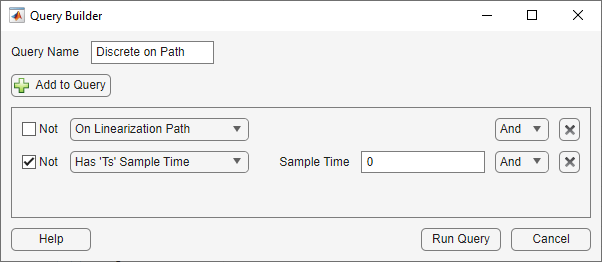 Query Build dialog box showing the configuration for the Discrete on Path custom query, which contains two criteria.