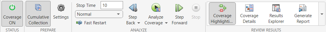 Coverage Analyzer tab of the Simulink toolstrip after performing coverage analysis.
