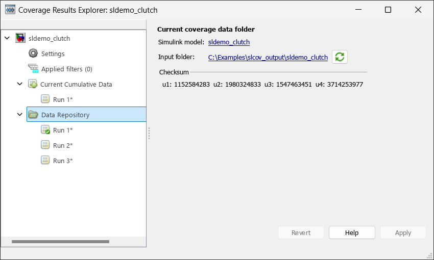 Coverage Results Explorer with Data Repository selected. On the right it displays the name of the model, the full path to the coverage results, and the coverage checksum.