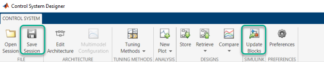 Save Session and Update Blocks buttons are highlighted on the Control System toolstrip in the Control System Designer app