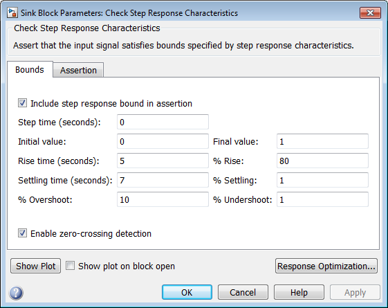 Check step response characteristics dialog box with various setting options