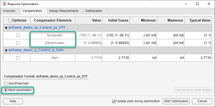 In the Compensators tab in the Response Optimization dialog box, Numerator and Denominator are highlighted. Mask parameters is selected under Compensator Format.