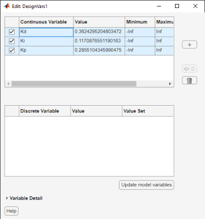 Edit: DesignVars1 dialog box with Kd, Ki, and Kp populated in the Continuous Variable table on top