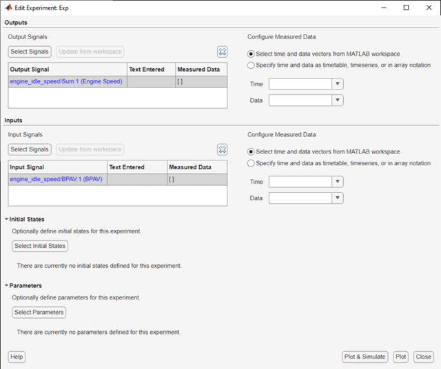 Edit Experiment dialog box with the populated Output Signal table under the Outputs section on top and the populated Input Signal table under the Inputs section on the bottom followed by Initial States and Parameters sections