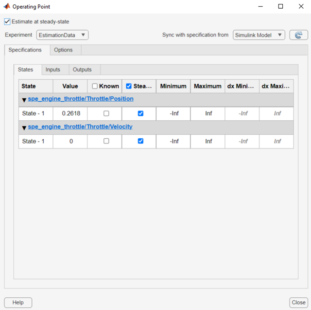 Operating Point dialog box with Estimate at steady-state option checked on top. EstimationData is selected under the Experiment drop-down list. There are two states, position and velocity, under in States tab which is under the Specifications tab.