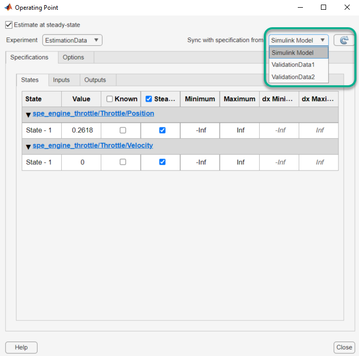 Operating Point dialog box with Simulink Model selected in the Sync with specification from drop-down list