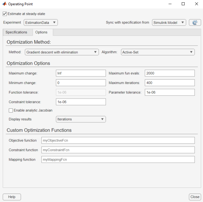 The Options tab in the Operating Point dialog box with Optimization Method, Optimization Options, and Custom Optimization Functions sections