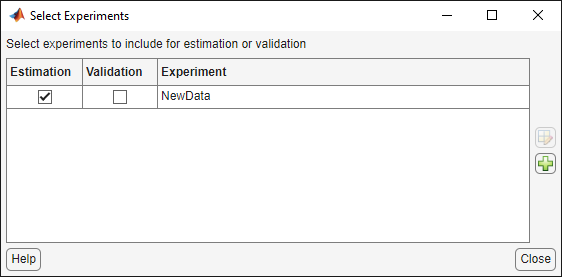 Select Experiments dialog box with the NewData Experiment selected for Estimation