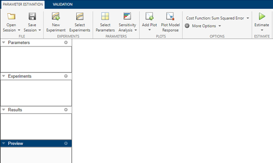 Parameter Estimator app main screen with the Parameter Estimation toolstrip on the top. On the left, from top to bottom are Parameters, Experiments, Results, and Preview areas.