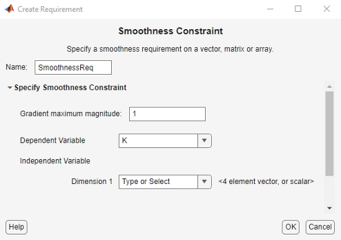 Specify smoothness constraint section with Gradient maximum magnitude as 1, Dependent variable as K and Dimension 1 of independent variable to be selected from drop-down