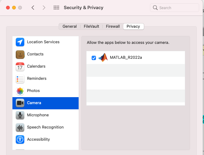 The system preferences for security & privacy configure the camera system device.