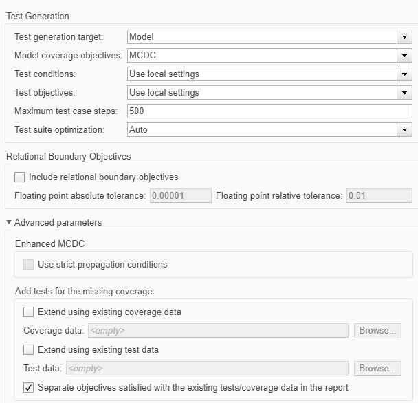 Configuration Parameter window showing Test Generation parameter under Design Verifier pane.