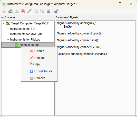 Use the Instrument Viewer app to view, created, or remove instruments.