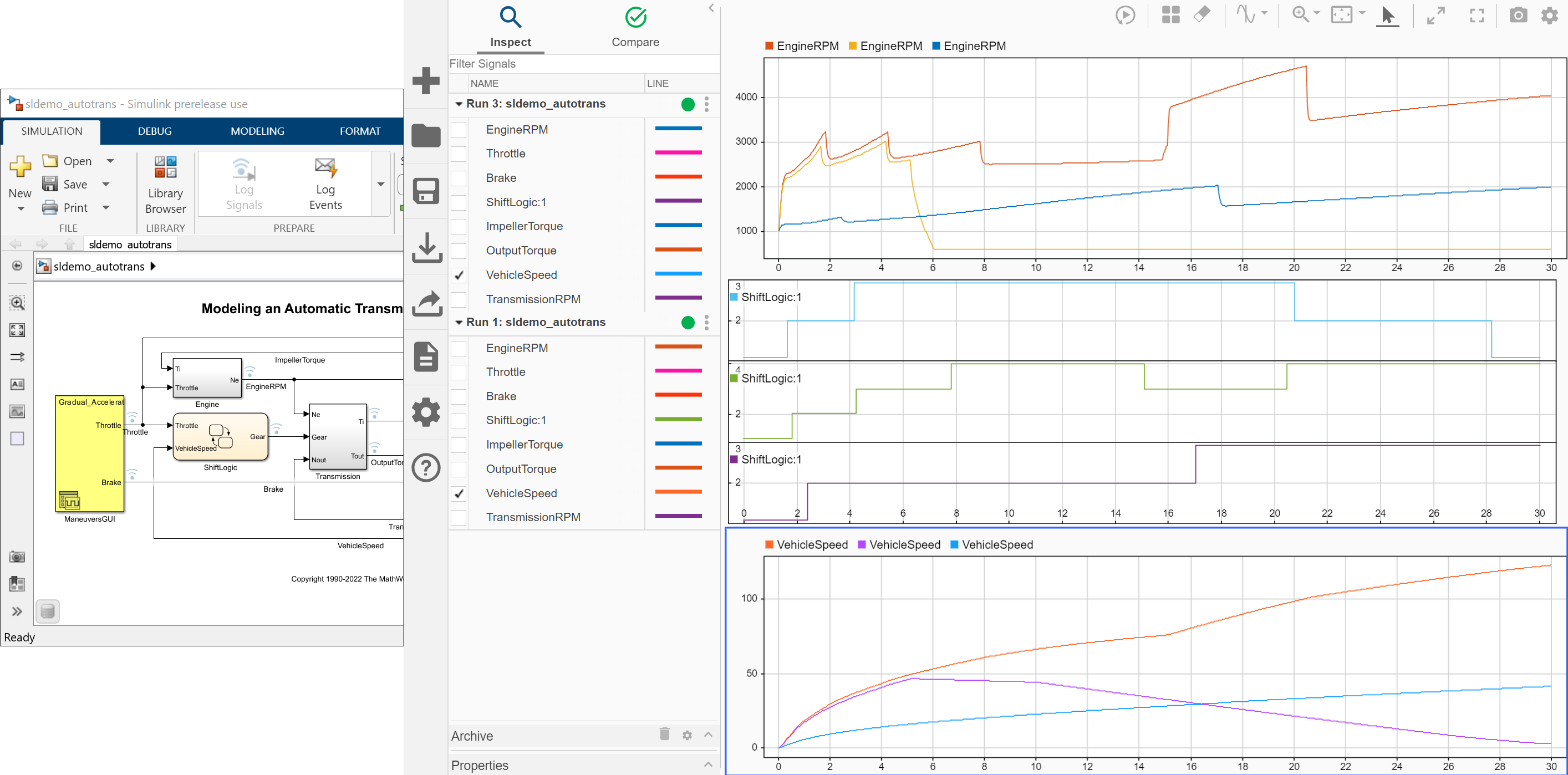 The Inspect pane of the Simulation Data Inspector shows three subplots. The subplots show time plots of data gathered from three runs of the model sldemo_autotrans. The first subplot shows the EngineRPM signals from all three runs. The second subplot shows the ShiftLogic signals from all three runs. The third subplot shows the VehicleSpeed signal from all three runs.