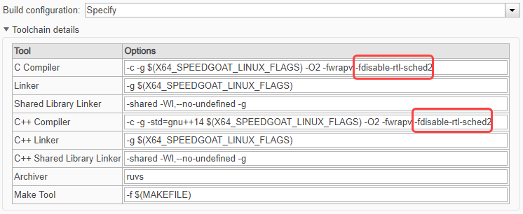 Update the model C Compiler and C++ Compiler options.