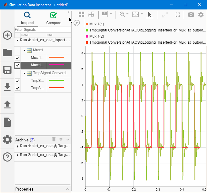 View the slrt_ex_osc model and square wave in the Simulation Data Inspector.