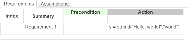 This example shows a requirement that outputs the starting character position of the substring "world" in the string "Hello, world!".