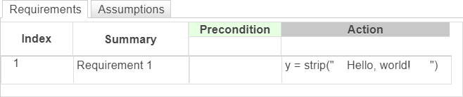 This example shows a requirement that deletes the leading and trailing space characters in the string " Hello, world! ".