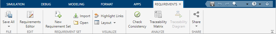 The Requirements tab toolstrip when the view is set to requirements