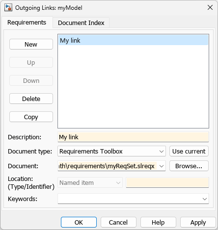 The Outgoing Links Editor is shown for a Simulink model called myModel. One link is shown, with description set to My link, Document type set to Requirements Toolbox, and document set to a requirement set called myReqSet.