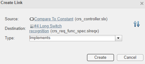 Create Link dialog box, showing the pre-populated Source and Destination and the Type property