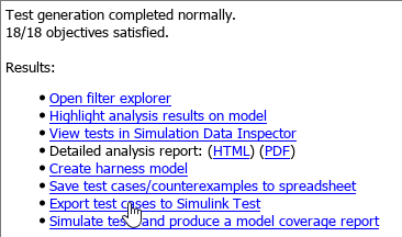 A cursor points to the Export test cases to Simulink Test option in the bulleted list in the Simulink Design Verifier Results Summary window.