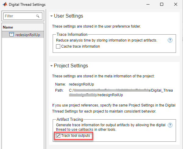 Digital Thread Settings window showing the project settings for artifact tracing.