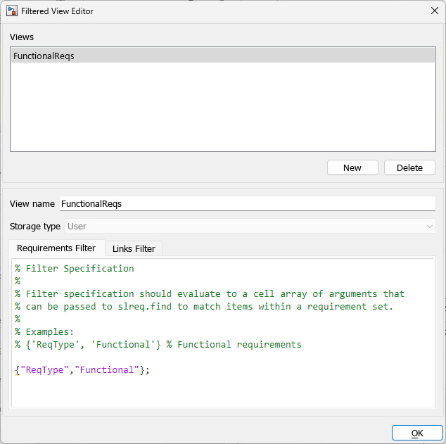 Filtered View Editor showing the functional requirements filter.