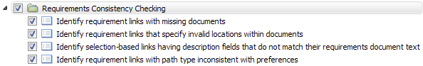 Checks in the Requirements Consistency Checking category, with all checks selected