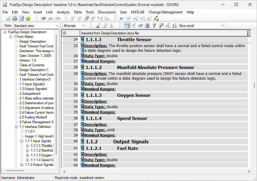 A baseline of a requirements module for a fault tolerant control system in read-only mode