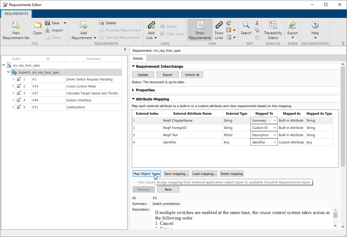 The imported requirements are shown in the Requirements Editor. The import node is selected and the mouse points to the Map Object Types button in the right pane, under Attribute Mapping. Several external attributes from the ReqIF file are shown.