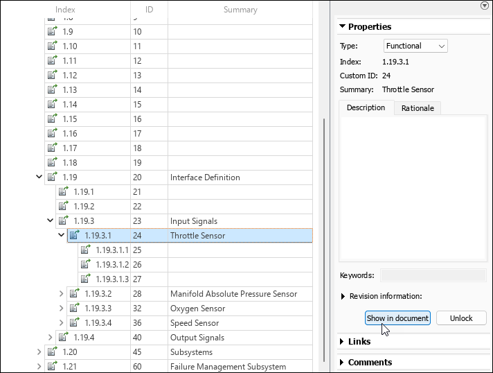 The mouse points to the Show in document button in the Requirements Editor