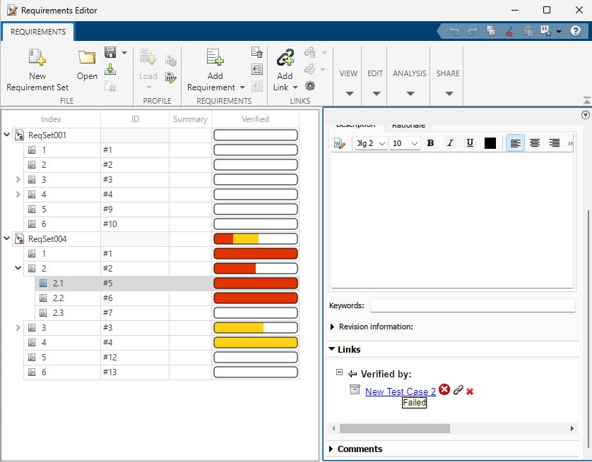 Requirements Editor showing updated results for the tests