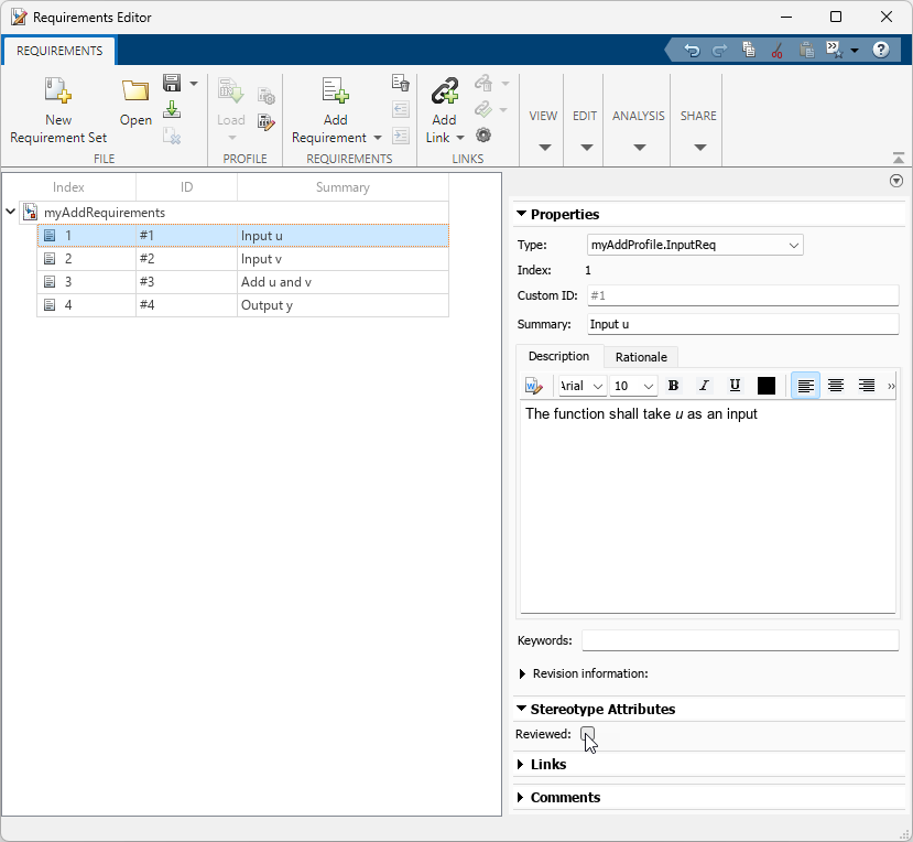 The Requirements Editor shows the stereotype properties for a selected requirement.