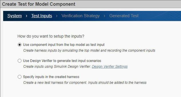 Test Inputs, second page of wizard, with Use component input selected