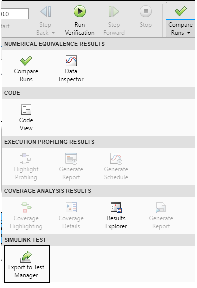 Toolstrip with Export to Test Manager highlighted