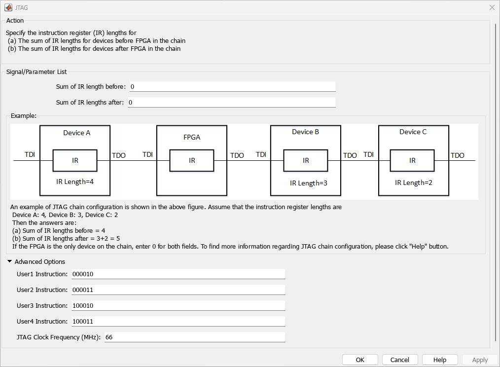 JTAG configuration dialogue box