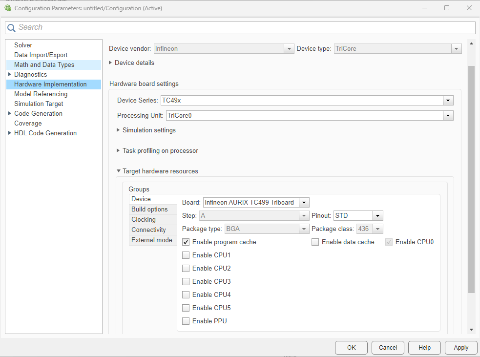 Configuration parameters window opened to the hardware implementation pane