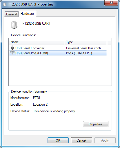 Hardware settings in the FT232R USB UART Properties window