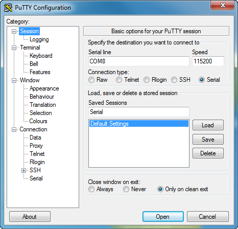 PuTTy Configuration window, with the Session category selected and highlighted