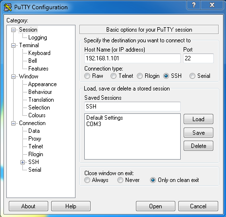 PuTTy Configuration window, with the Session category selected and highlighted