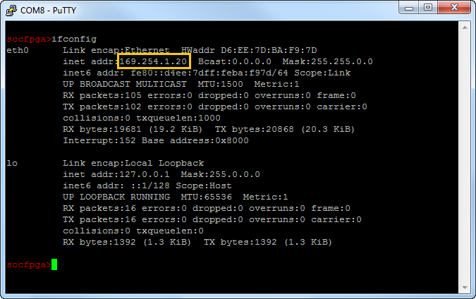 Command-line output, with the value of inet addr for the eth0 device highlighted