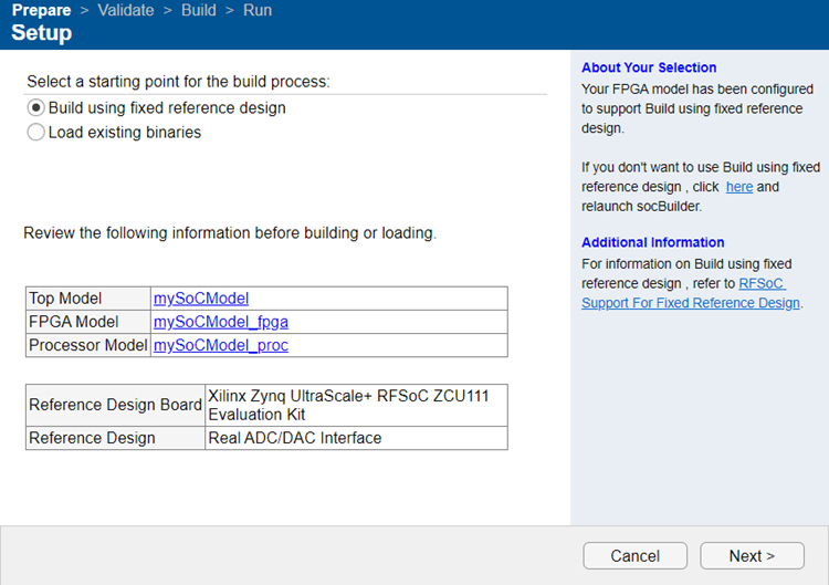 SoC Builder tool, prepare model for generation