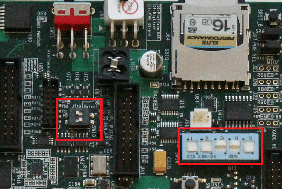 JTAG Select and SW10 switch positions on the ZC702 board
