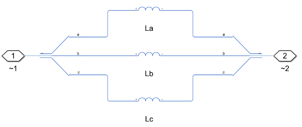 Equivalent circuit of three-phase inductor branch. Top inductor is labeled La, middle inductor is labeled Lb, bottom inductor is labeled Lc.