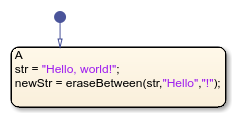 Stateflow chart that uses the eraseBetween operator in a state.