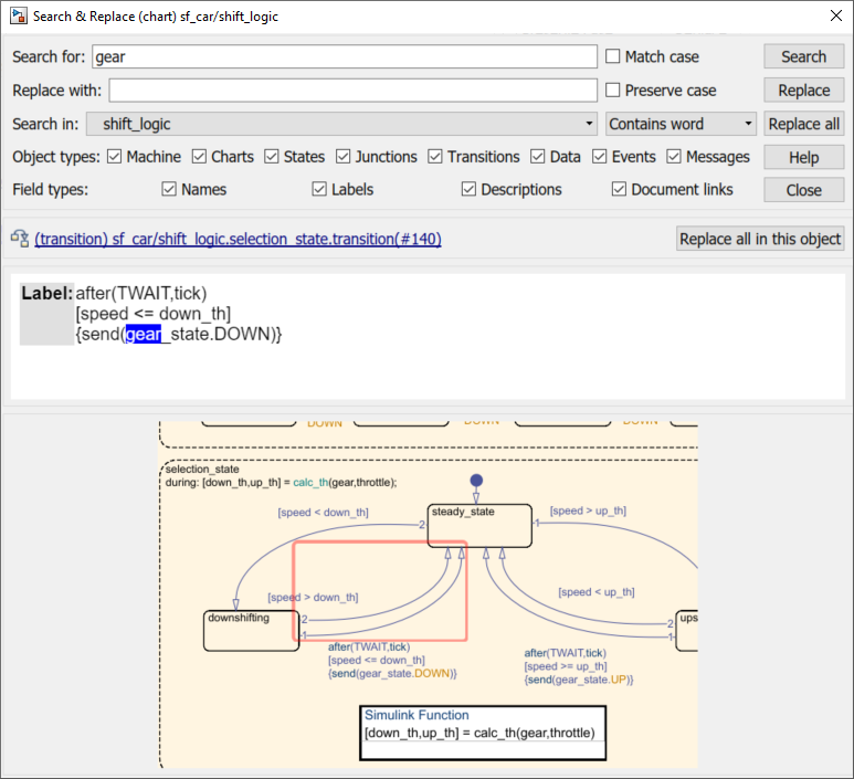 Search and replace tool showing matching text in a state label.