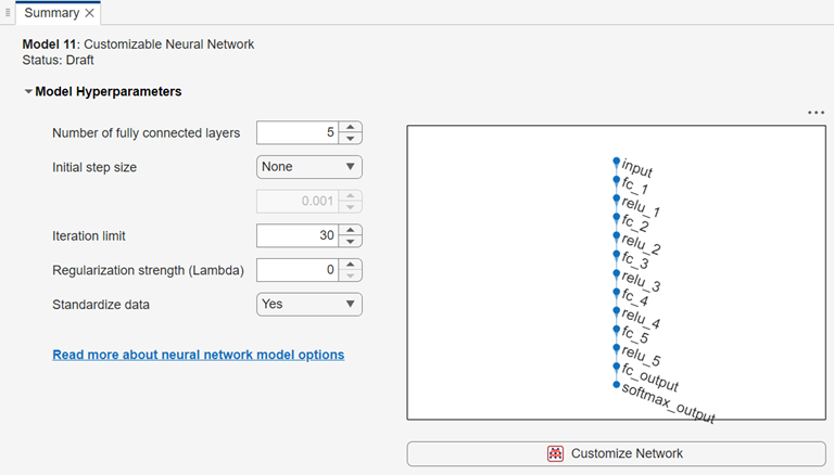 Summary tab of customizable fully connected neural network classifier showing the neural network architecture