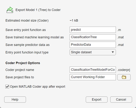 Export Classification Model to Coder dialog box with options selected